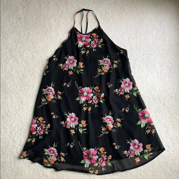 Love Tree Black Floral Halter Mini Dress Sundress Summer Cocktail Resortwear - Picture 2 of 12
